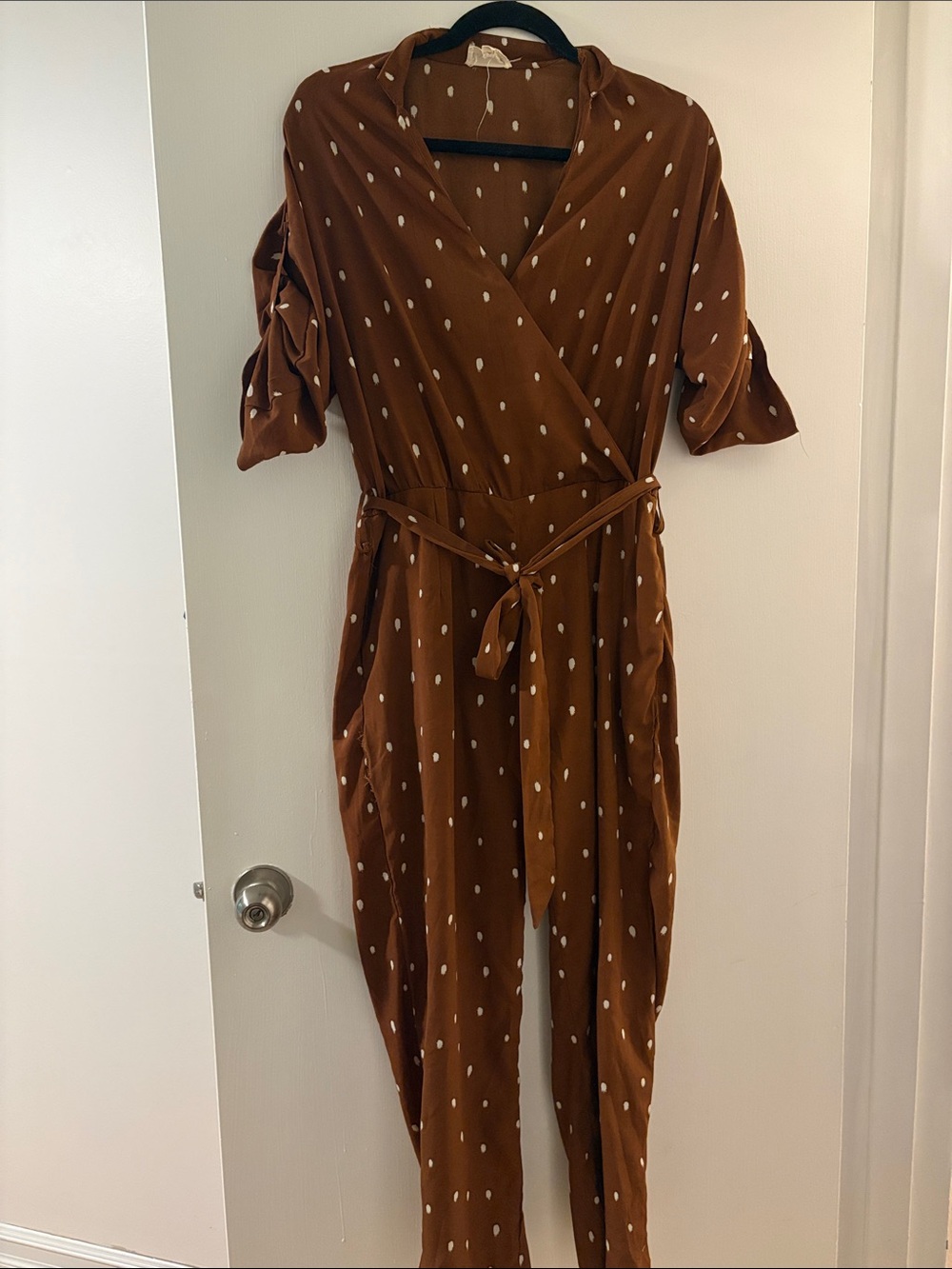 Polka Dot Brown Wrap Jumpsuit with Tie Waist